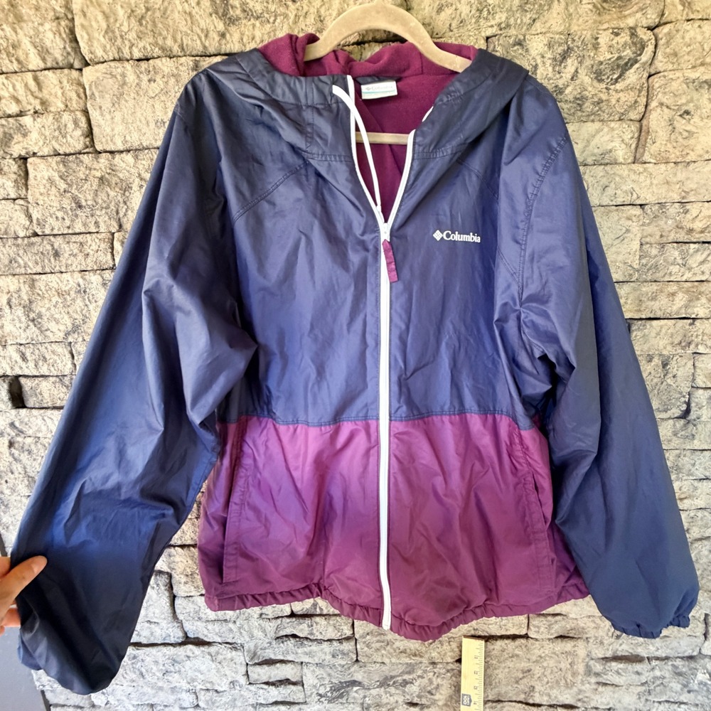 Columbia Windbreaker Jacket Women XXL Purple Blue Fleece Lined Hooded Gorpcore